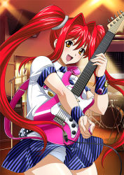 Rule 34 | 00s, 1girl, breasts, female focus, guitar, hair ornament, ikkitousen, instrument, kanpei, large breasts, legs, long twintails, looking at viewer, red hair, smile, solo, twintails