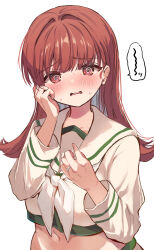 Rule 34 | 1girl, @ @, blush, brown eyes, brown hair, collarbone, confused, embarrassed, highres, jewelry, kantai collection, long hair, long sleeves, looking at viewer, nanahamu, navel, neckerchief, ooi (kancolle), ooi kai ni (kancolle), open mouth, ring, sailor collar, school uniform, serafuku, simple background, solo, upper body, wedding ring, white background, white neckerchief, white sailor collar