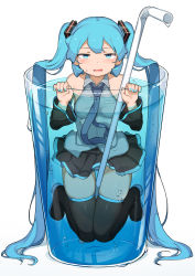 Rule 34 | abmayo, absurdres, afloat, blue eyes, blue hair, blush, boots, clothes lift, cup, hatsune miku, highres, long hair, partially submerged, shirt, skirt, skirt lift, sleeveless, sleeveless shirt, tagme, thigh boots, thighhighs, vocaloid, water