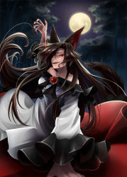Rule 34 | 1girl, animal ears, bare shoulders, brooch, commentary, fangs, fingernails, forest, full moon, gradient background, hakiata, imaizumi kagerou, jewelry, light trail, long fingernails, long hair, long sleeves, looking at viewer, moon, nature, night, shirt, skirt, sky, solo, spell, tail, touhou, very long hair, werewolf, wide sleeves, wolf ears, wolf tail