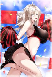 Rule 34 | 1girl, absurdres, angry, armpits, ass, bare shoulders, blue sky, breasts, cheering, cheerleader, clothes lift, cloud, cloudy sky, commission, confetti, crop top, fate/grand order, fate (series), grey eyes, high heels, highres, holding, holding pom poms, kriemhild (fate), large breasts, leg lift, long hair, looking at viewer, midriff, miniskirt, misa pika, mole, mole under eye, navel, no panties, open mouth, outdoors, pixiv commission, pleated skirt, pom pom (cheerleading), pom poms, skirt, skirt lift, sky, sleeveless, solo, white hair