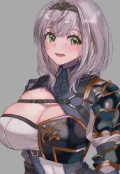 Rule 34 | 1girl, absurdres, armor, bad id, bad twitter id, black headwear, breasts, cleavage, commentary request, green eyes, grey background, highres, hololive, large breasts, light blush, looking at viewer, mole, mole on breast, open mouth, sahara, shirogane noel, shirogane noel (1st costume), short hair, silver hair, skindentation, smile, solo, tiara, upper body, virtual youtuber