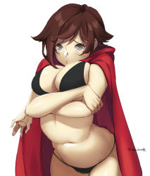 Rule 34 | 1girl, bikini, black bikini, blush, breasts, brown hair, cape, cleavage, highres, hood, hooded cape, large breasts, looking at viewer, lulu-chan92, navel, pout, red cape, ruby rose, rwby, short hair, grey eyes, solo, stomach, swimsuit, white background