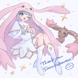 Rule 34 | 1girl, 1other, animal hat, blush, boots, digimon, digimon (creature), english text, hat, heart, heart hands, highres, knee boots, long hair, lopmon, nagoshi, nun, one eye closed, open mouth, rabbit hat, simple background, sistermon blanc, smiley face, watermark, white background, white footwear, white hair