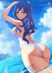 Rule 34 | 1girl, ass, blue eyes, blue hair, blue sky, blush, breasts, fairy tail, fairy tail logo, funi xd, hands in hair, highres, juvia lockser, looking at viewer, looking back, medium breasts, mountainous horizon, ocean, one-piece swimsuit, partially submerged, patreon logo, patreon username, sideboob, sky, smile, solo, summer, swimsuit, thighs, wedgie, white one-piece swimsuit