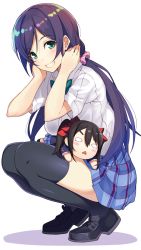 Rule 34 | 10s, 1girl, black footwear, black hair, blouse, blue skirt, blush, blush stickers, bow, bowtie, character doll, collared shirt, full body, green bow, green bowtie, green eyes, grin, hair ornament, hair scrunchie, loafers, long hair, looking at viewer, love live!, love live! school idol project, low twintails, merchandise, nesoberi, o o, on lap, otonokizaka school uniform, plaid, plaid skirt, purple hair, school uniform, scrunchie, shirt, shoes, short sleeves, simple background, skirt, smile, solo, squatting, sukebewe, thighhighs, tojo nozomi, twintails, very long hair, white background, white shirt, wing collar, yazawa nico, zettai ryouiki