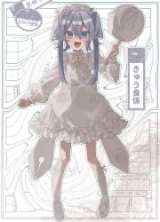 Rule 34 | 1girl, apron, blue eyes, bright pupils, double-parted bangs, dress, fang, frilled dress, frills, frying pan, full body, hair ornament, hairclip, highres, holding, holding frying pan, key, lock, looking at viewer, low twintails, maid, maid apron, maid headdress, mapamimo, open mouth, original, pocket, purple hair, sidelocks, socks, standing, twintails, white apron, white dress, white footwear, white pupils, white socks