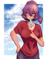 Rule 34 | 1girl, adapted costume, black skirt, blue sky, blush, breasts, cleavage, cloud, commentary request, contemporary, cowboy shot, day, food in mouth, hair between eyes, hair bun, highres, hot, kuri dora, large breasts, long bangs, looking at viewer, open mouth, outdoors, popsicle, popsicle in mouth, purple hair, red eyes, red shirt, shirt, short hair, short sleeves, single hair bun, skirt, sky, solo, sweat, tan, tanline, tassel, touhou, translation request, yasaka kanako