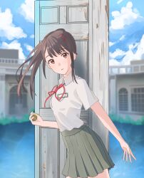 Rule 34 | 1girl, black hair, blue skirt, blurry, blurry background, breasts, cloud, collared shirt, commentary, cowboy shot, day, door, floating hair, hair ornament, hairclip, highres, iwato suzume, long hair, looking at viewer, neck ribbon, orange eyes, outdoors, parted lips, pleated skirt, ponytail, qa (pixiv45235585), red ribbon, ribbon, school uniform, shirt, short sleeves, sidelocks, skirt, sky, small breasts, solo, suzume no tojimari, white shirt