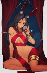 Rule 34 | 1girl, absurdres, alcohol, animal ear fluff, animal ears, black hair, blue eyes, bracelet, breasts, cleavage, commission, cup, dark-skinned female, dark skin, distr, drinking glass, groin, halterneck, highres, holding, holding cup, jewelry, large breasts, looking at viewer, navel, original, pixiv commission, rabbit ears, revealing clothes, solo, wine, wine glass
