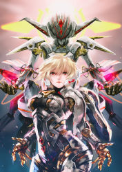 Rule 34 | 1girl, bad id, bad pixiv id, blonde hair, breasts, cowboy shot, cyborg, face nemesis, fiora (xenoblade), hair between eyes, headgear, highres, lips, mecha, mecha-fiora, nintendo, pink lips, red eyes, robot, shiomi (lowrise), short hair, small breasts, smile, solo, spoilers, xenoblade chronicles (series), xenoblade chronicles 1
