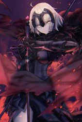 Rule 34 | 1girl, ahoge, armor, armored dress, black armor, breasts, cape, chain, closed mouth, fate/grand order, fate (series), faulds, flag, fur-trimmed cape, fur collar, fur trim, gauntlets, headpiece, jeanne d&#039;arc (fate), jeanne d&#039;arc alter (avenger) (fate), jeanne d&#039;arc alter (fate), katase bono, large breasts, looking at viewer, pale skin, plackart, short hair, silver hair, solo, sword, weapon, yellow eyes