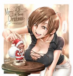 Rule 34 | 1girl, 2016, breasts, brown hair, christmas, cleavage, denim, english text, hat, highres, jeans, large breasts, leaning forward, pants, santa claus, santa hat, short hair, solo, statue, tagme, unbalance