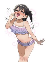 Rule 34 | 1girl, afterimage, atage, bikini, bikini skirt, black hair, blush, fellatio gesture, frilled bikini, frills, from above, grey eyes, hand up, long hair, looking at viewer, navel, one side up, original, purple bikini, simple background, smile, solo, standing, swimsuit, tongue, tongue out, v, white background