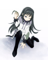 Rule 34 | 10s, 1girl, akemi homura, between legs, black hair, boots, dancho (danch), explosive, grenade, hairband, hand between legs, highres, long hair, mahou shoujo madoka magica, mahou shoujo madoka magica (anime), mouth hold, one eye closed, pantyhose, pleated skirt, purple eyes, skirt, solo, thigh boots, thighhighs, wink