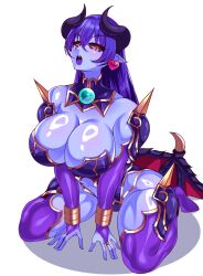 Rule 34 | 1girl, astaroth (shinrabanshou), black sclera, blue skin, breasts, bridal gauntlets, colored sclera, colored skin, demon girl, earrings, heart, heart earrings, highres, horns, huge breasts, jewelry, kneeling, leotard, long hair, pointy ears, purple thighhighs, shinrabanshou, shiny skin, simple background, skin tight, skindentation, solo, thighhighs, volyz, white background, wings