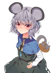 Rule 34 | 1girl, animal, animal ears, asuzemu, basket, black dress, blue capelet, blush, breasts, capelet, closed mouth, cowboy shot, dress, from above, grey hair, hand on own hip, jewelry, long sleeves, mouse (animal), mouse ears, mouse tail, nazrin, pendant, red eyes, short hair, simple background, small breasts, solo, standing, tail, touhou, wavy hair, white background