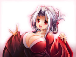 Rule 34 | 1girl, :d, breasts, cleavage, female focus, huge breasts, japanese clothes, kimono, open mouth, extra digits, silver hair, smile, solo, touhou, yagokoro eirin, yanmarson, yellow eyes