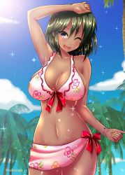 Rule 34 | 10s, 1girl, ;d, arm up, armpits, artist name, bare shoulders, bikini, blue sky, bow, breasts, cleavage, collarbone, dark skin, dark-skinned female, day, hand on forehead, idolmaster, idolmaster cinderella girls, large breasts, looking at viewer, nail polish, natalia (idolmaster), navel, one eye closed, open mouth, outdoors, palm tree, pink bikini, plant, purple eyes, red bow, sarong, short hair, sky, smile, solo, stomach, summer, swimsuit, tobayuga, tree, umasan, water, water drop, yellow nails