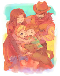 Rule 34 | 1girl, 3boys, blonde hair, blue eyes, boney, brown hair, claus (mother 3), dog, family, flint (mother 3), hat, hinawa, hug, long hair, lowres, lucas (mother 3), mother (game), mother 3, multiple boys, nintendo, one eye closed, quiff, scarf, smile, wink