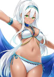 Rule 34 | 1girl, :d, absurdres, armpits, bare shoulders, bikini, blue bikini, blush, breasts, choker, cowboy shot, dark-skinned female, dark skin, green eyes, grey hair, groin, hairband, highres, holding, jewelry, large breasts, long hair, looking at viewer, navel, necklace, open mouth, original, outstretched arms, ponytail, shiny skin, side-tie bikini bottom, sidelocks, simple background, smile, solo, stomach, string bikini, suruga (xsurugax), swimsuit, tan, thighs, very long hair, white background