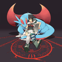 Rule 34 | 10s, 1girl, anklet, black hair, boots, claws, cloak, creatures (company), crossed legs, dragon, fangs, game freak, gen 3 pokemon, highres, jewelry, magic circle, nintendo, pokemon, pokemon (creature), pokemon oras, red eyes, salamence, short hair, shorts, sitting, tail, thighhighs, tm (hanamakisan), toeless footwear, white thighhighs, wings, zinnia (pokemon)