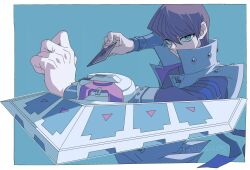 Rule 34 | 1boy, absurdres, blue background, blue eyes, brown hair, card, coat, deck of cards, duel disk, highres, holding, holding card, kaiba seto, looking at viewer, male focus, medium hair, simple background, skmkst, trading card, upper body, white coat, yu-gi-oh!, yu-gi-oh! duel monsters