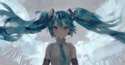 Rule 34 | 1girl, arm tattoo, backlighting, black sleeves, blue eyes, blue hair, blue necktie, blush, crypton future media, detached sleeves, floating hair, frilled shirt collar, frills, grey shirt, hair ornament, hatsune miku, hatsune miku happy 16th birthday -dear creators-, headset, highres, long hair, looking at viewer, necktie, shadow, shirt, sleeveless, sleeveless shirt, smile, solo, tattoo, tie clip, twintails, vocaloid, yyb