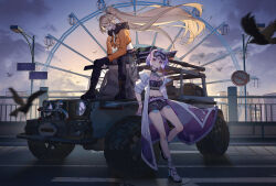 Rule 34 | 2girls, absurdres, bird request, black footwear, black pants, black shorts, blonde hair, boots, breasts, car, coat, commentary request, crop top, cropped jacket, ferris wheel, fresnel (neural cloud), full body, fysc, girls&#039; frontline, girls&#039; frontline neural cloud, goggles, goggles on head, highres, jacket, lamppost, long hair, looking at viewer, medium breasts, midriff, motor vehicle, multiple girls, navel, open clothes, open jacket, open mouth, orange jacket, pants, purple eyes, purple hair, road, road sign, see-through, shirt, short hair, shorts, sign, small breasts, smile, sol (neural cloud), street, vehicle request, very long hair, white coat, white footwear, white shirt, yellow eyes