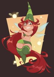 Rule 34 | 1girl, bare shoulders, betilla, black border, black eyes, border, breasts, cleft of venus, curvy, fairy, fairy wings, full body, gradient background, green hat, green skirt, green thighhighs, hat, highres, huffslove, long hair, medium breasts, midriff, miniskirt, navel, no panties, pussy, rayman, rayman origins, red hair, shortstack, skirt, smile, solo, standing, strapless, thighhighs, tube top, uncensored, very long hair, wide hips, wings, yellow background