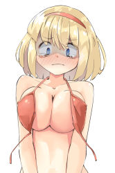 Rule 34 | 1girl, alice margatroid, arnest, bad id, bad twitter id, bikini, blonde hair, blue eyes, blush, breasts, cleavage, closed mouth, collarbone, embarrassed, front-tie top, frown, hairband, large breasts, open bikini, open clothes, red bikini, red hairband, shaded face, short hair, solo, swimsuit, touhou, untied bikini, white background