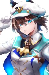 Rule 34 | 1girl, animal ears, ascot, blue eyes, brown hair, cheval grand (umamusume), collared shirt, commentary, ear covers, ears through headwear, gloves, glowing, glowing eyes, hair between eyes, hat, hat belt, highres, horse ears, horse girl, looking at viewer, multicolored hair, peaked cap, shirt, simple background, solo, streaked hair, toa510, umamusume, upper body, white background, white gloves, white hair, white hat, yellow ascot