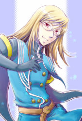 Rule 34 | 00s, 1boy, akiyoshi sadanori, blonde hair, blue background, blue theme, glasses, jade curtiss, long hair, male focus, red eyes, smile, solo, tales of (series), tales of the abyss