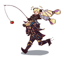 Rule 34 | armor, blonde hair, bow, brother and sister, carrying over shoulder, costume, drill hair, elise (fire emblem), closed eyes, fire emblem, fire emblem fates, fishing rod, gauntlets, gloves, hair bow, horse, horse mask, laughing, leo (fire emblem), mask, nintendo, running, siblings, simple background, smile, tomato, white background