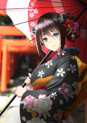 Rule 34 | 1girl, animal ears, black hair, black kimono, blue eyes, chinese zodiac, cow ears, cow girl, cow horns, day, floral print, flower, furisode, hair flower, hair ornament, highres, holding, holding umbrella, horns, japanese clothes, kimono, motsushi, new year, obi, oil-paper umbrella, original, outdoors, print kimono, red umbrella, sash, torii, umbrella, upper body, wide sleeves, year of the ox