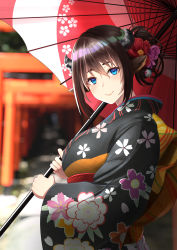 1girl animal_ears black_hair black_kimono blue_eyes chinese_zodiac cow_ears cow_girl cow_horns day floral_print flower furisode hair_flower hair_ornament highres holding holding_umbrella horns japanese_clothes kimono motsushi new_year obi oil-paper_umbrella original outdoors print_kimono red_umbrella sash torii umbrella upper_body wide_sleeves year_of_the_ox