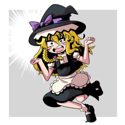 Rule 34 | 1girl, absurdres, apron, black footwear, black hat, black skirt, black vest, blonde hair, blush stickers, bow, braid, commentary request, cookie (touhou), flying sweatdrops, frilled apron, frills, full body, grey background, hair between eyes, hair bow, hands up, hat, hat bow, highres, kirisame marisa, long bangs, long hair, looking at viewer, open mouth, puffy short sleeves, puffy sleeves, purple bow, rock, shirt, short sleeves, side braid, single braid, skirt, skirt set, socks, solo, surprised, sznkrs, touhou, tripping, uzuki (cookie), vest, waist apron, white apron, white background, white shirt, witch hat