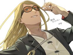 Rule 34 | 1boy, black jacket, black nails, blonde hair, blue eyes, cigarette, collarbone, fate/grand order, fate (series), holding, holding cigarette, jacket, jewelry, long hair, looking at viewer, male focus, medallion, morita yuu, necklace, open clothes, open jacket, orange-tinted eyewear, shirt, simple background, smile, solo, sunglasses, tezcatlipoca (fate), tinted eyewear, upper body, white background, white shirt