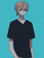 Rule 34 | 1boy, bead necklace, beads, blue background, blue eyes, brown hair, hand in pocket, jewelry, looking to the side, low ponytail, maco22, male focus, necklace, original, shirt, short hair, short sleeves, smile, solo, t-shirt