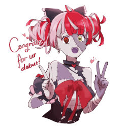 Rule 34 | 1girl, ahoge, bandages, bare shoulders, black bow, black nails, bow, colored skin, commentary, congratulations, fingernails, grey skin, heart, heterochromia, hololive, hololive indonesia, kureiji ollie, looking at viewer, nail polish, open mouth, patchwork skin, red bow, red eyes, red hair, simple background, solo, stitched arm, stitched face, stitched torso, stitches, torn clothes, v, virtual youtuber, white background, yuikannon, zombie