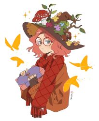 Rule 34 | 1girl, black eyes, blush, book, bug, butterfly, closed mouth, commentary, commission, english commentary, flower, glasses, hat, hetiru, holding, holding book, bug, looking to the side, mushroom, original, pink hair, red-framed eyewear, scarf, short hair, simple background, solo, sweater, branch, upper body, white background, yellow butterfly