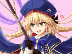 Rule 34 | 1girl, artoria caster (fate), artoria caster (second ascension) (fate), artoria pendragon (fate), blonde hair, commentary request, fate/grand order, fate (series), gloves, green eyes, hair between eyes, hat, haura akitoshi, holding, holding staff, long hair, long sleeves, looking to the side, open mouth, simple background, smile, solo, staff, upper body, white background