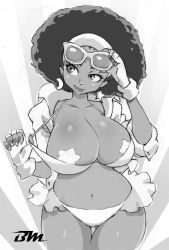 Rule 34 | 1girl, adjusting eyewear, afro, arm up, artist logo, bayeuxman, belly, bikini, bikini pull, bikini under clothes, breasts, buttons, clothes pull, collarbone, collared shirt, commentary, cowboy shot, crescent, crescent earrings, curvy, dark-skinned female, dark skin, earrings, eyelashes, eyewear on head, fingerless gloves, fingernails, frilled bikini, frills, gloves, gluteal fold, greyscale, head tilt, headband, high collar, highres, huge breasts, jewelry, legs together, light smile, lips, long sleeves, looking away, looking to the side, mismatched earrings, monochrome, navel, open clothes, open shirt, pasties, see-through, sharp fingernails, shiny skin, shirt, simple background, skindentation, sleeves rolled up, solo, star (symbol), star earrings, star pasties, sunburst, sunglasses, swimsuit, thigh gap, thighs, very dark skin