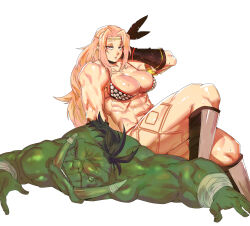 Rule 34 | 1boy, 1girl, abs, absurdres, amazon (dragon&#039;s crown), amazon warrior, arm support, arm wrap, armlet, armor, bikini armor, blonde hair, breasts, circlet, collarbone, colored skin, dragon&#039;s crown, feather hair ornament, feathers, green skin, hair ornament, hand on own head, highres, looking at viewer, medium breasts, minew, muscular, muscular female, muscular male, obliques, orc, parted lips, ponytail, sitting, sitting on person, sweat, tattoo, thick thighs, thighs, tusks, vanillaware, white background