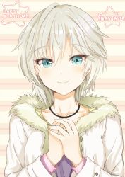 Rule 34 | 10s, 1girl, aldehyde, anastasia (idolmaster), blue eyes, blush, coat, collarbone, earrings, happy birthday, highres, idolmaster, idolmaster cinderella girls, jewelry, light smile, looking at viewer, own hands clasped, own hands together, short hair, silver hair, smile, solo, tsurime