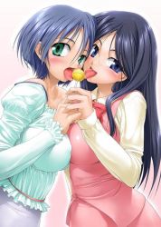 Rule 34 | 2girls, black hair, blue eyes, blue hair, breast press, breasts, candy, green hair, holding hands, happy, holding, imminent kiss, licking, lollipop, long hair, multiple girls, open mouth, ribbon, short hair, source request, symmetrical docking, tongue, yuri