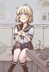 Rule 34 | 1girl, absurdres, anchor symbol, bandaid, bandaid on face, black sailor collar, black skirt, colorized, commentary request, couch, drink, fang, feet out of frame, glass, grey eyes, highres, kantai collection, karaoke, kneehighs, light brown hair, lineart, microphone, monochrome, music, oboro (kancolle), pleated skirt, sailor collar, school uniform, serafuku, short hair, singing, sitting, skirt, socks, solo, table, tatahai