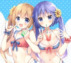 Rule 34 | 2girls, :d, bare arms, bare shoulders, bikini, blue bikini, blue eyes, blue hair, blue ribbon, blush, breasts, brown hair, cleavage, collarbone, cup, drinking straw, flower, hair flower, hair ornament, halterneck, halterneck, hands up, highleg, highleg bikini, holding, holding cup, ice, ice cube, index finger raised, locked arms, long hair, looking at viewer, medium breasts, multiple girls, navel, object on breast, open mouth, original, pink ribbon, red bikini, ribbon, sailor bikini, sailor collar, scrunchie, side-by-side, smile, star (symbol), stomach, suimya, sunflower, swimsuit, tropical drink, twintails, upper body, v, white sailor collar, wrist scrunchie, yellow flower