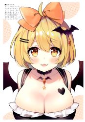 Rule 34 | 1girl, absurdres, ahoge, ayamy, bat hair ornament, blonde hair, blush, bow, breasts, cleavage, collarbone, fang, hair bow, hair ornament, hairclip, heart, heart-shaped pupils, heart in eye, highres, hololive, jewelry, large breasts, lips, looking at viewer, open mouth, orange bow, scan, shiny skin, short hair, simple background, solo, symbol-shaped pupils, symbol in eye, upper body, virtual youtuber, white background, yellow eyes, yozora mel, yozora mel (2nd costume)