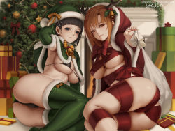 Rule 34 | 2girls, antlers, arm support, arm up, armpits, artist name, ass, asuna (sao), bag, bell, bikini, black bikini, black hair, blue eyes, bow, box, breasts, brown eyes, brown hair, cape, capelet, christmas, closed mouth, commentary request, elbow gloves, fur-trimmed cape, fur-trimmed capelet, fur-trimmed gloves, fur-trimmed headwear, fur-trimmed legwear, fur-trimmed thighhighs, fur trim, gift, gift box, gloves, green capelet, green gloves, green hat, green legwear, hair ornament, hairclip, hat, hat ribbon, holding, holding bag, hood, hood up, hooded cape, horns, indoors, jingle bell, kirigaya suguha, leaning to the side, letdie1414, long hair, looking at viewer, medium breasts, mistletoe, multiple girls, nearly naked ribbon, patreon username, pom pom (clothes), red cape, red ribbon, ribbon, santa hat, shiny clothes, striped bow, striped ribbon, swimsuit, sword art online, thighhighs, watermark, web address, yellow bow, yellow ribbon